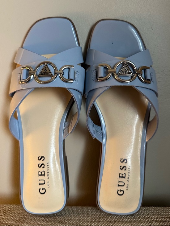 Guess Shoes - GUESS Light Blue Patent Slide Sandals with Silver Chain Emblem 6.5